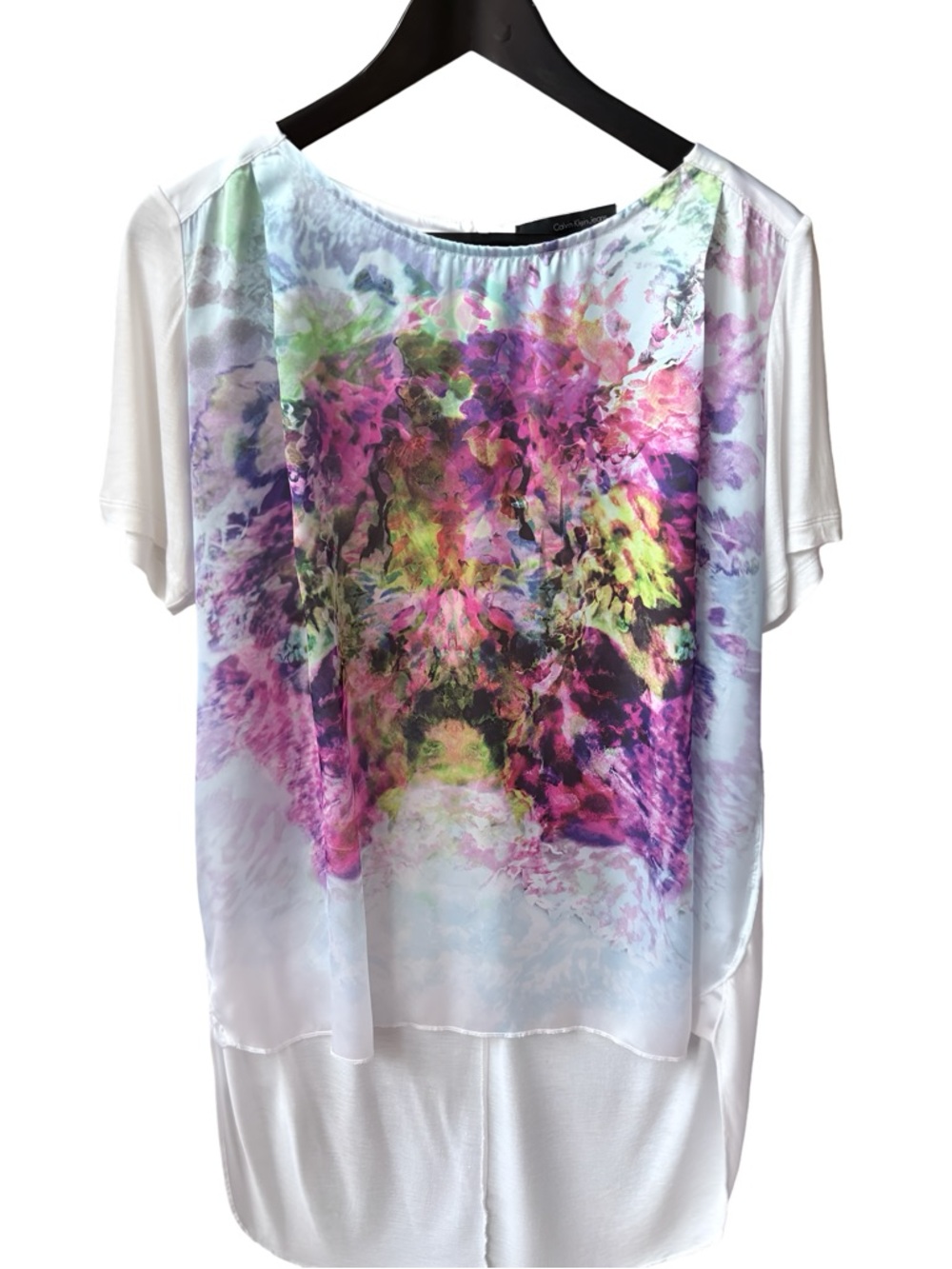 Calvin Klein Abstract Watercolor Blue Multi High-Low Blouse S - Picture 3 of 12